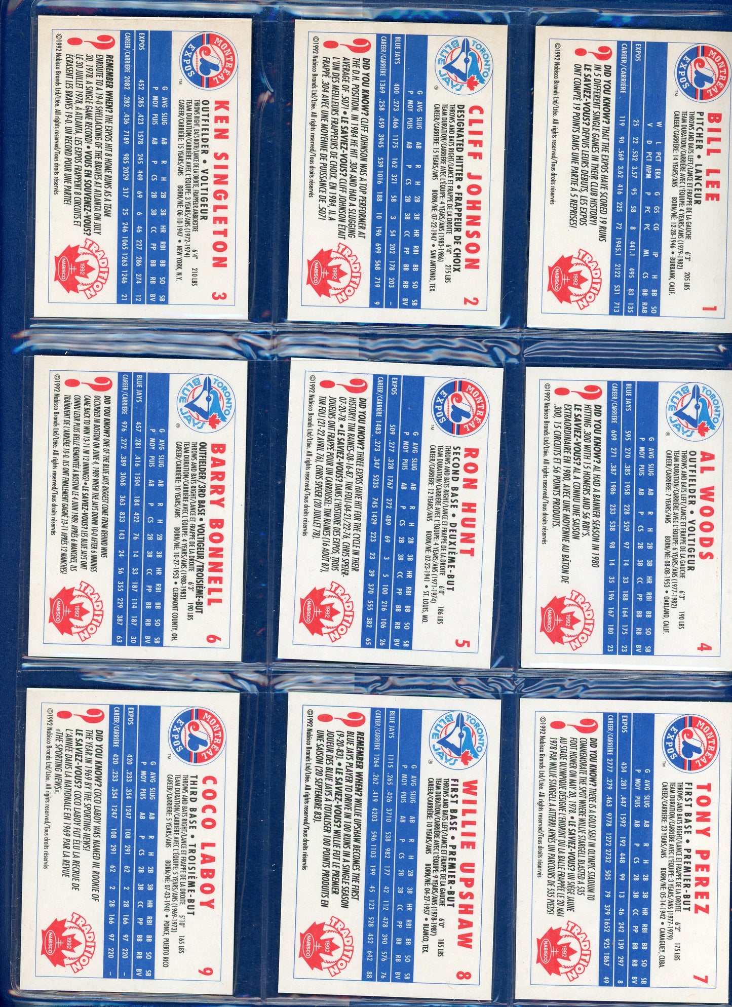 1992 Nabisco Canada Tradition Montreal Expos Toronto Blue Jays Baseball Complete Set in Branded Binder (36 Cards)