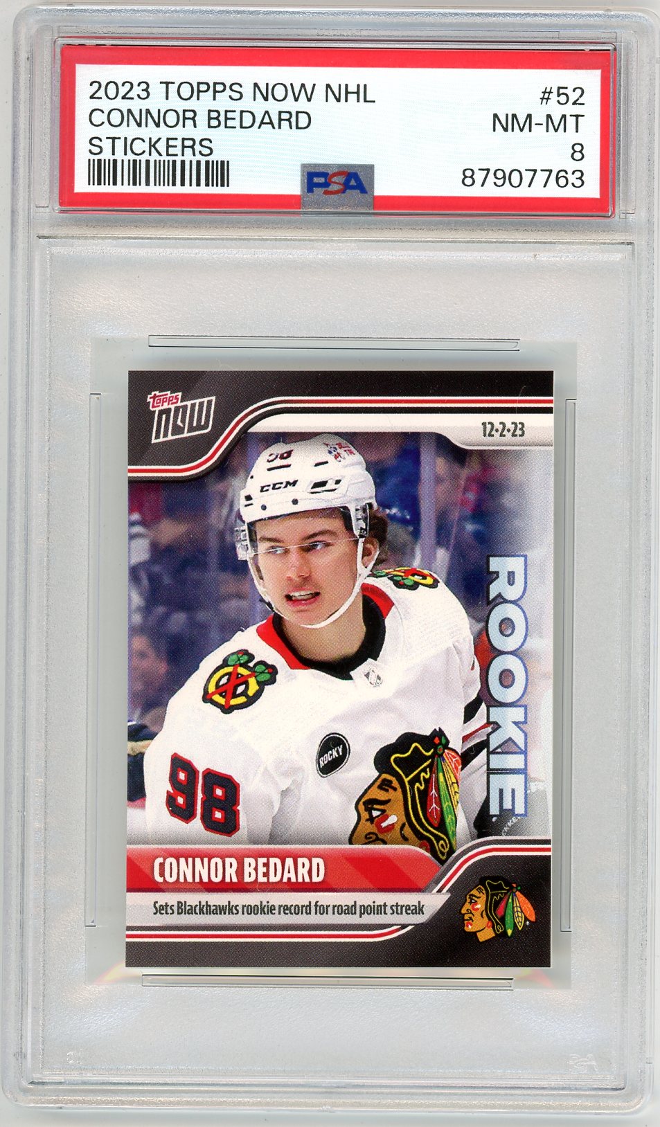 2023 Topps Now NHL Connor Bedard Graded Rookie Card #52 PSA 8