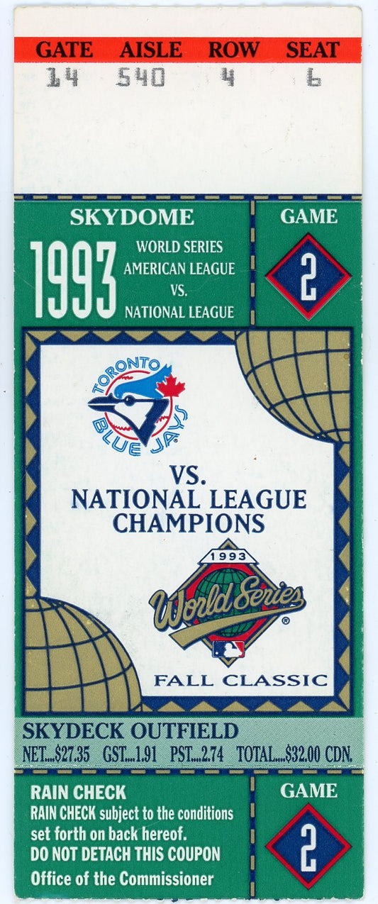 Blue Jays Vs. National League Champions World Series Vintage Ticket Stub Skydome (Toronto, 1993)