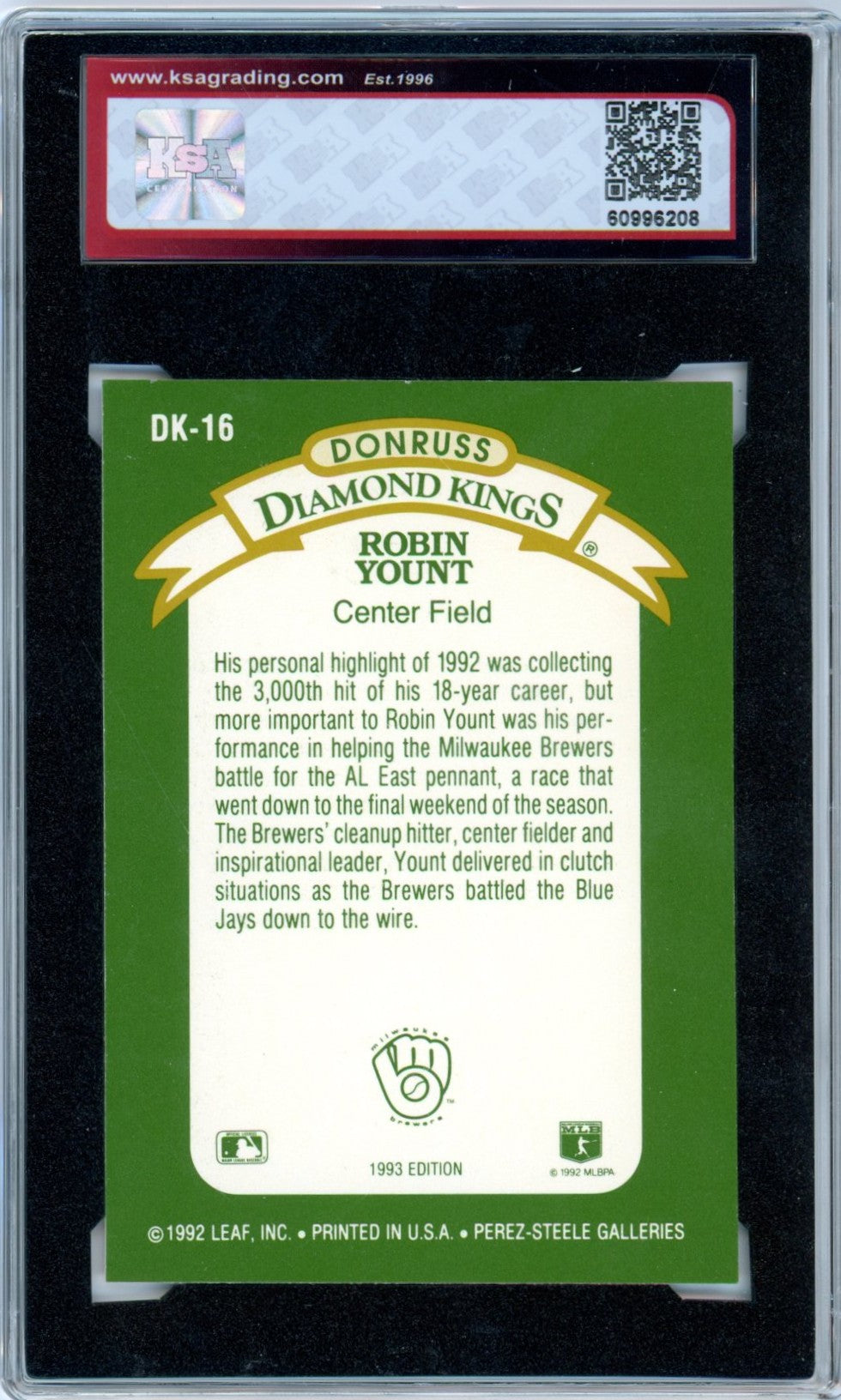 1993 Donruss Robin Yount Diamond Kings #DK-16 Graded Baseball Card KSA 8.5