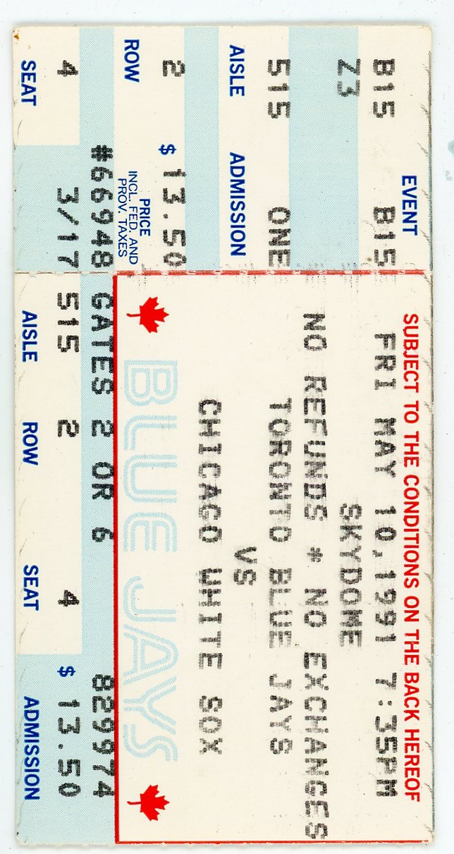 Blue Jays Vs. Chicago White Sox Vintage Ticket Stub Skydome (Toronto, 1991)