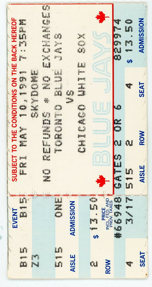 Blue Jays Vs. Chicago White Sox Vintage Ticket Stub Skydome (Toronto, 1991)