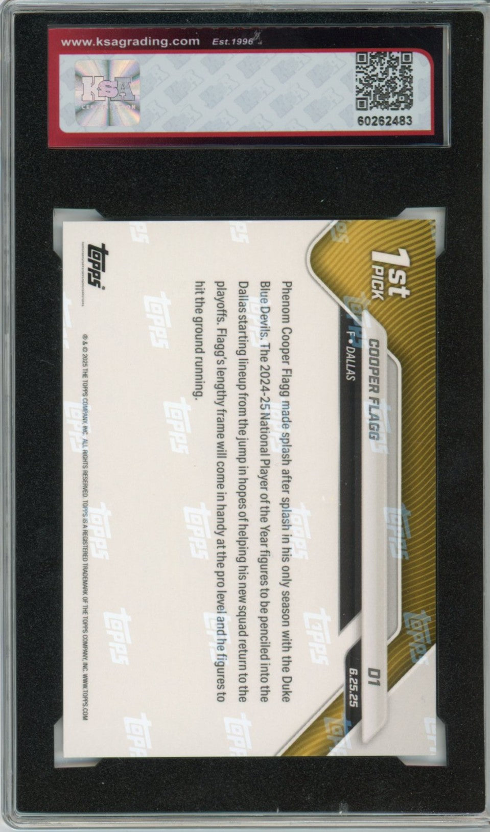 2025/26 Topps Now Cooper Flagg Draft Graded Rookie Card KSA 9