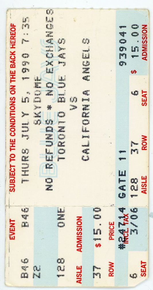 Blue Jays Vs. California Angels Vintage Ticket Stub Skydome (Toronto, 1990)