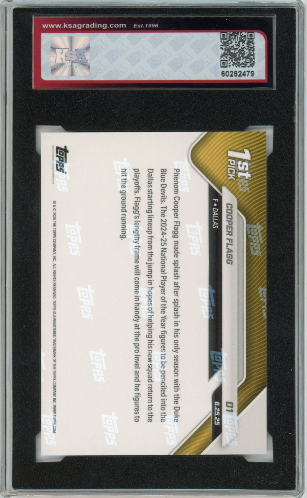 2025/26 Topps Now Cooper Flagg Draft Graded Rookie Card #D1 KSA 9.5