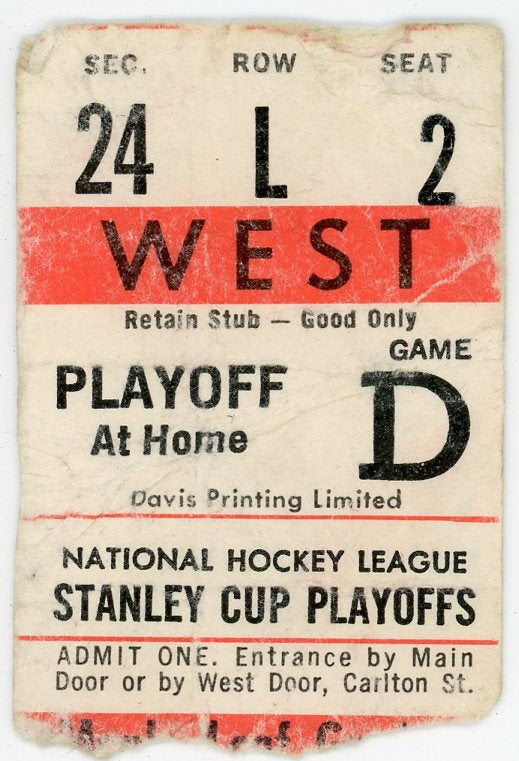 Maple Leafs NHL Stanley Cup Playoffs Vintage Ticket Stub Maple Leaf Gardens (Toronto, 1970s/80s)