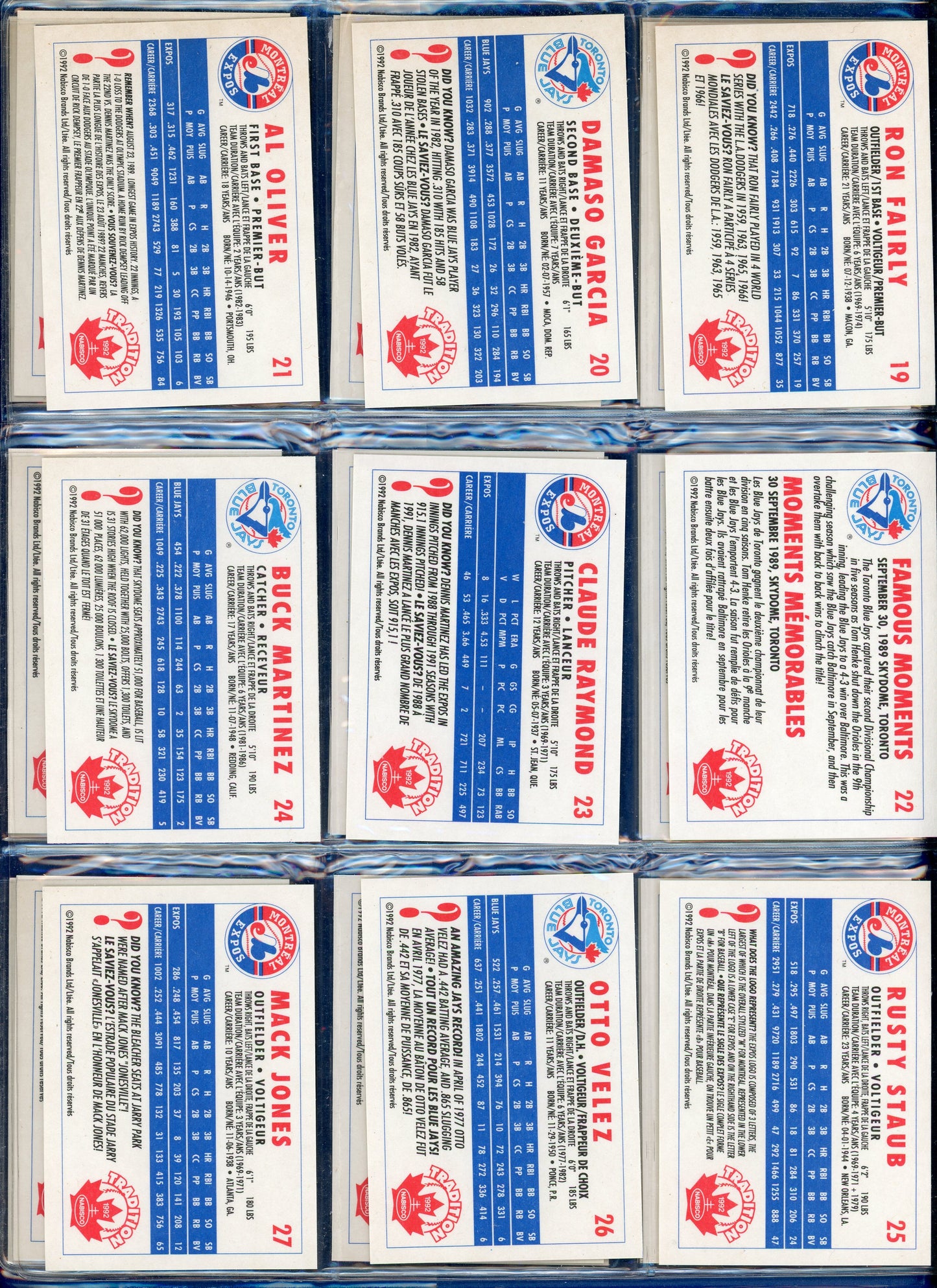 1992 Nabisco Canada Tradition Montreal Expos Toronto Blue Jays Baseball Complete Set in Branded Binder (36 Cards)