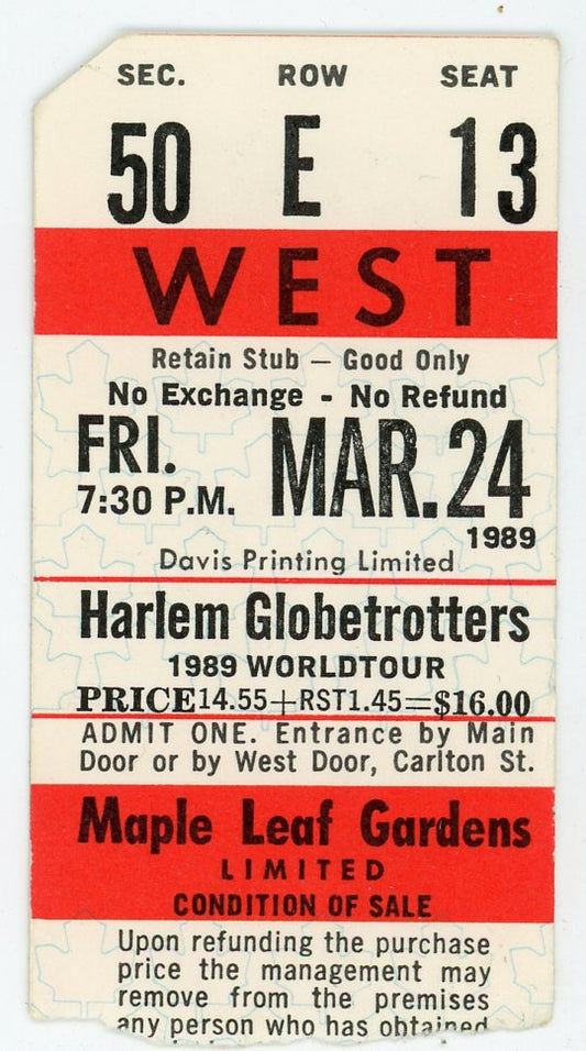 Harlem Globetrotters World Tour Vintage Ticket Stub Maple Leaf Gardens (Toronto, 1989)