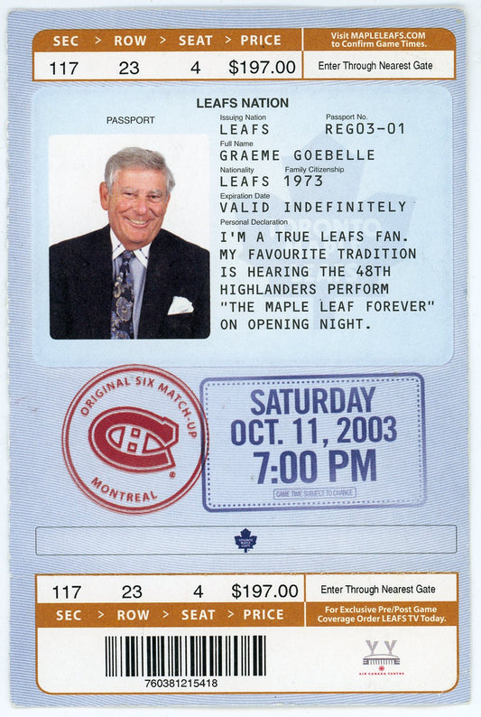 Maple Leafs Vs. Montreal Canadiens Vintage Passport Ticket Stub Air Canada Centre (Toronto, 2003)