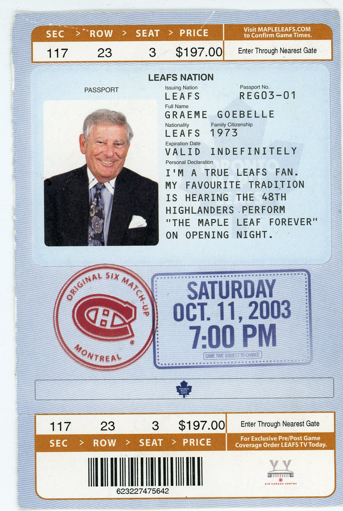 Maple Leafs Vs. Montreal Canadiens Vintage Passport Ticket Air Canada Centre (Toronto, 2003)