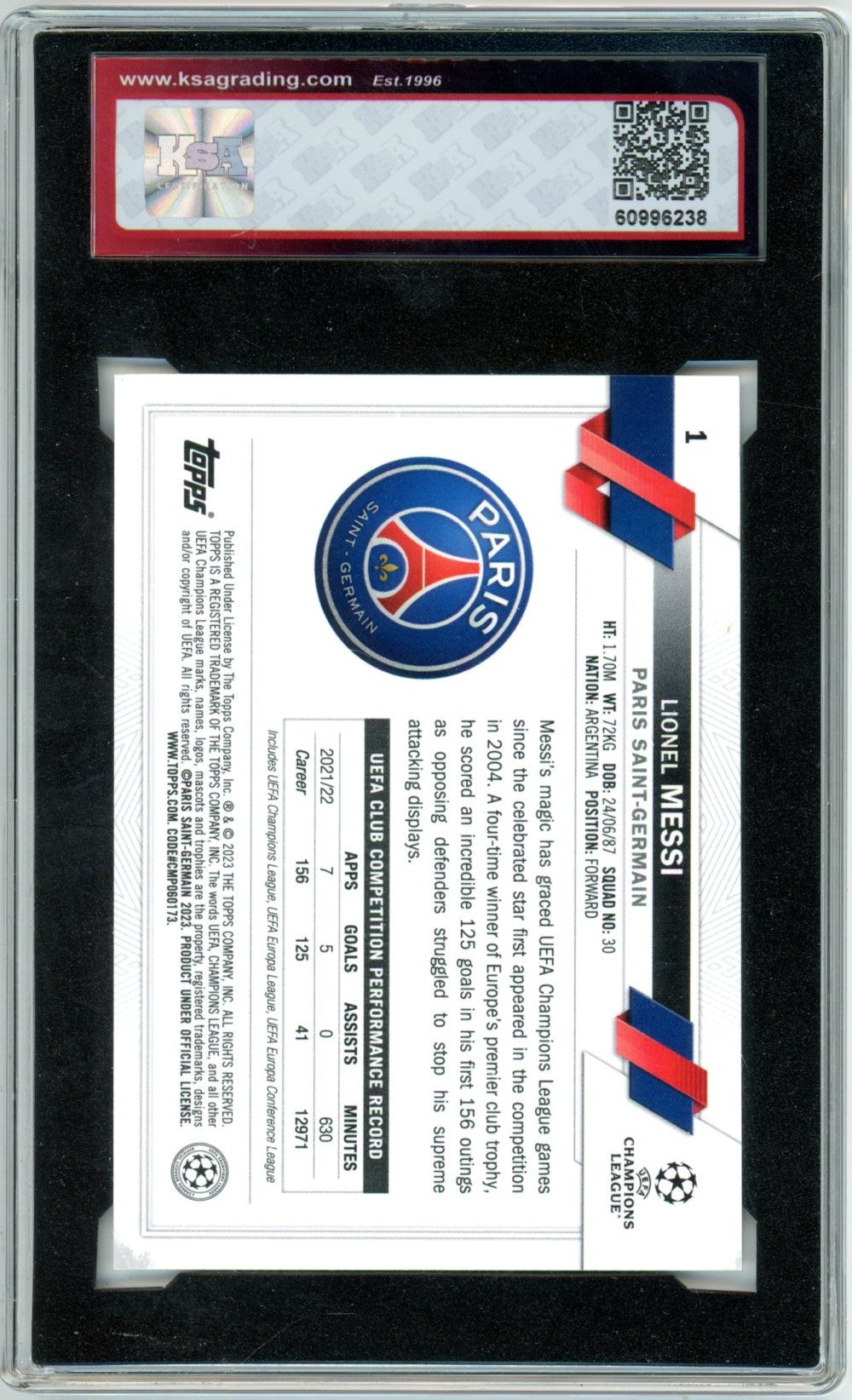 2022/23 Topps Chrome UEFA CC Lionel Messi #1 Graded Soccer Card KSA 8.5