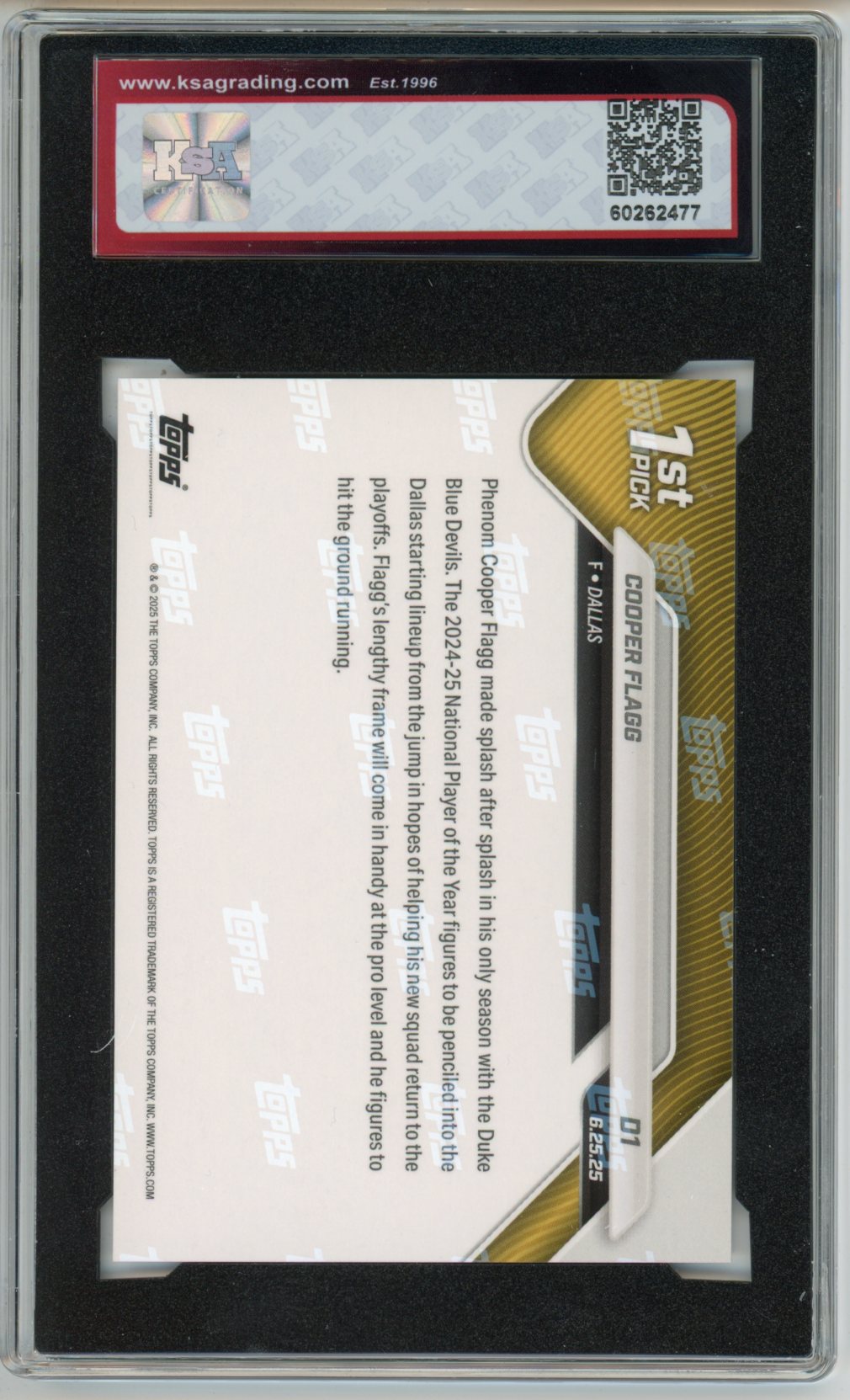 2025/26 Topps Now Cooper Flagg Draft Graded Rookie Card KSA 9.5