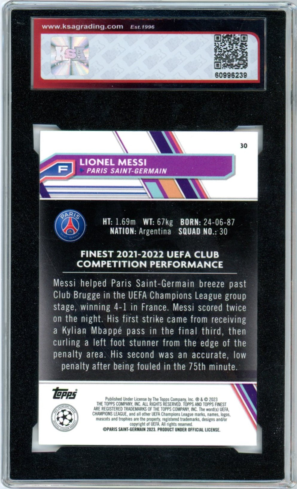 2022/23 Topps Finest UEFA CC Lionel Messi #30 Graded Soccer Card KSA 8