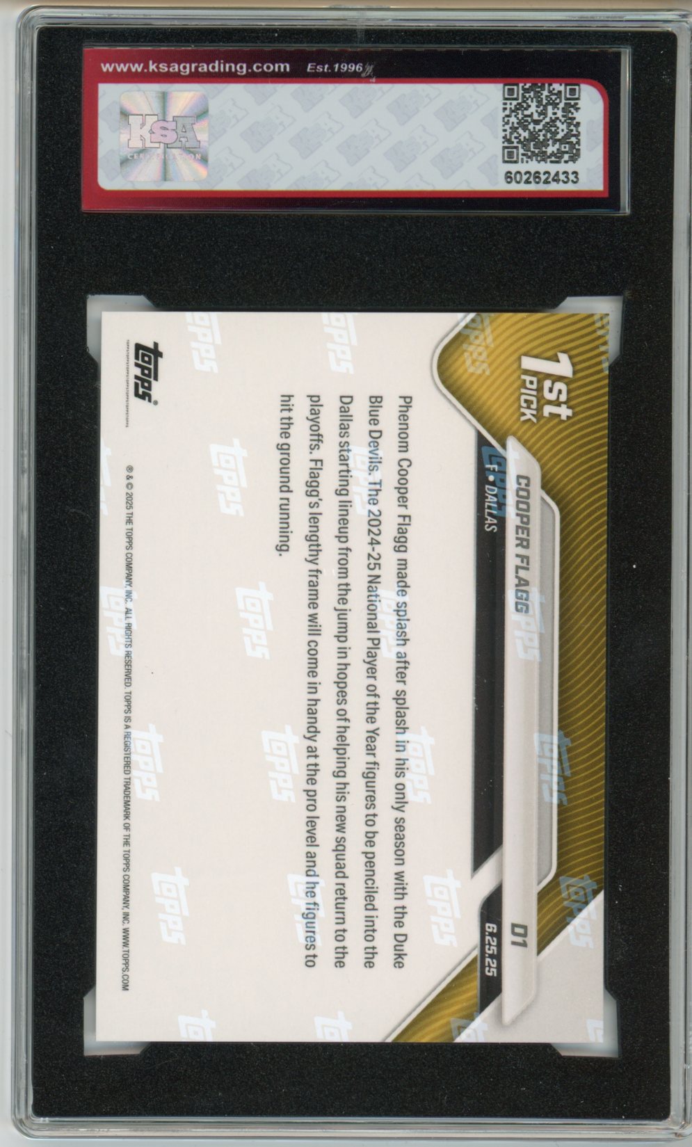 2025/26 Topps Now Cooper Flagg Draft #D1 Graded Rookie Card KSA 10 Gem Mint