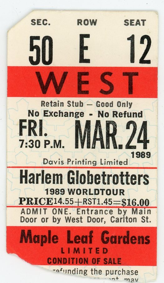 Harlem Globetrotters Vintage Ticket Stub Maple Leaf Gardens (Toronto, 1989)Basketball