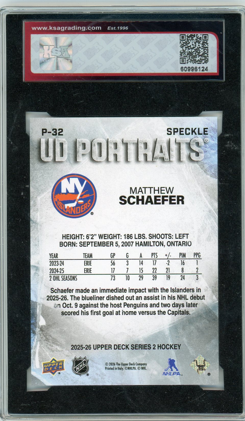 2025/26 Upper Deck Matthew Schaefer #P-32 Speckle Graded Hockey Rookie Card KSA 9.5