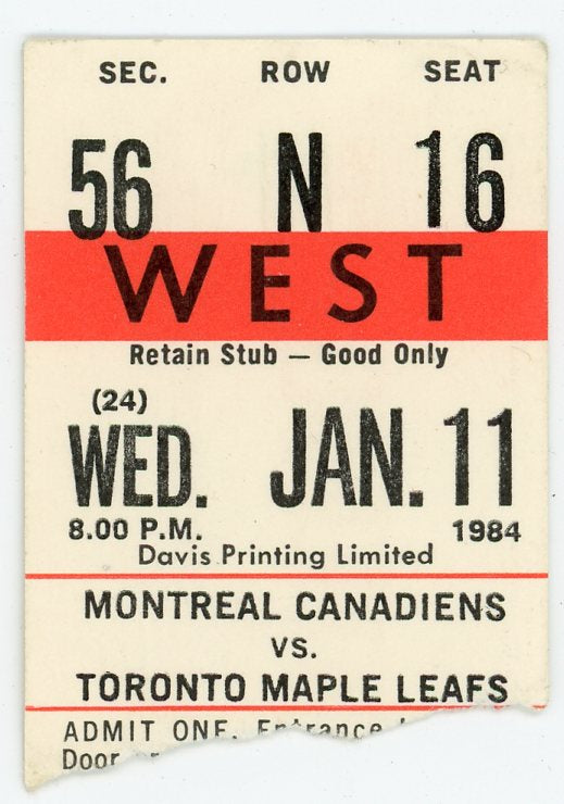 Montreal Canadiens Vs. Maple Leafs Vintage Ticket Stub Maple Leaf Gardens (Toronto, 1984)