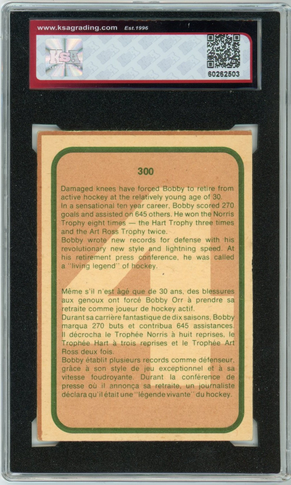 1978/79 OPC O-Pee-Chee Bobby Orr Special Collector's Card Graded Hockey Card #300 KSA 4