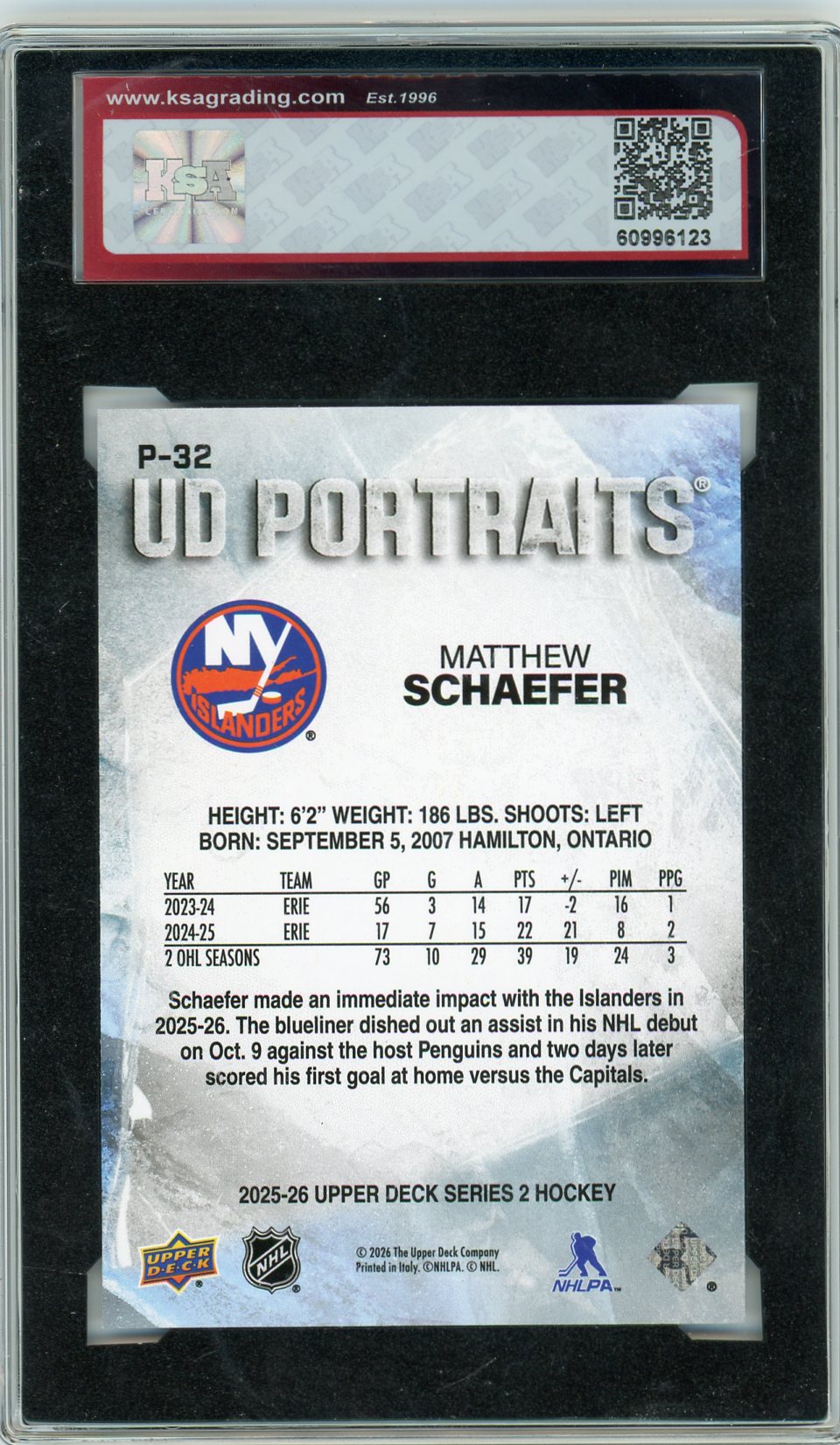 2025/26 Upper Deck Matthew Schaefer #P-32 Graded Hockey Card KSA 9