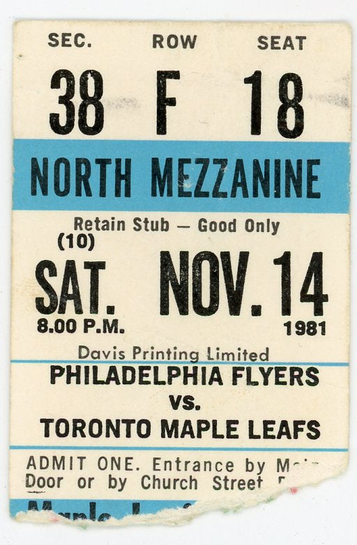 Philadelphia Flyers Vs. Toronto Maple Leafs Vintage Ticket Stub Maple Leaf Gardens (Toronto, 1981)