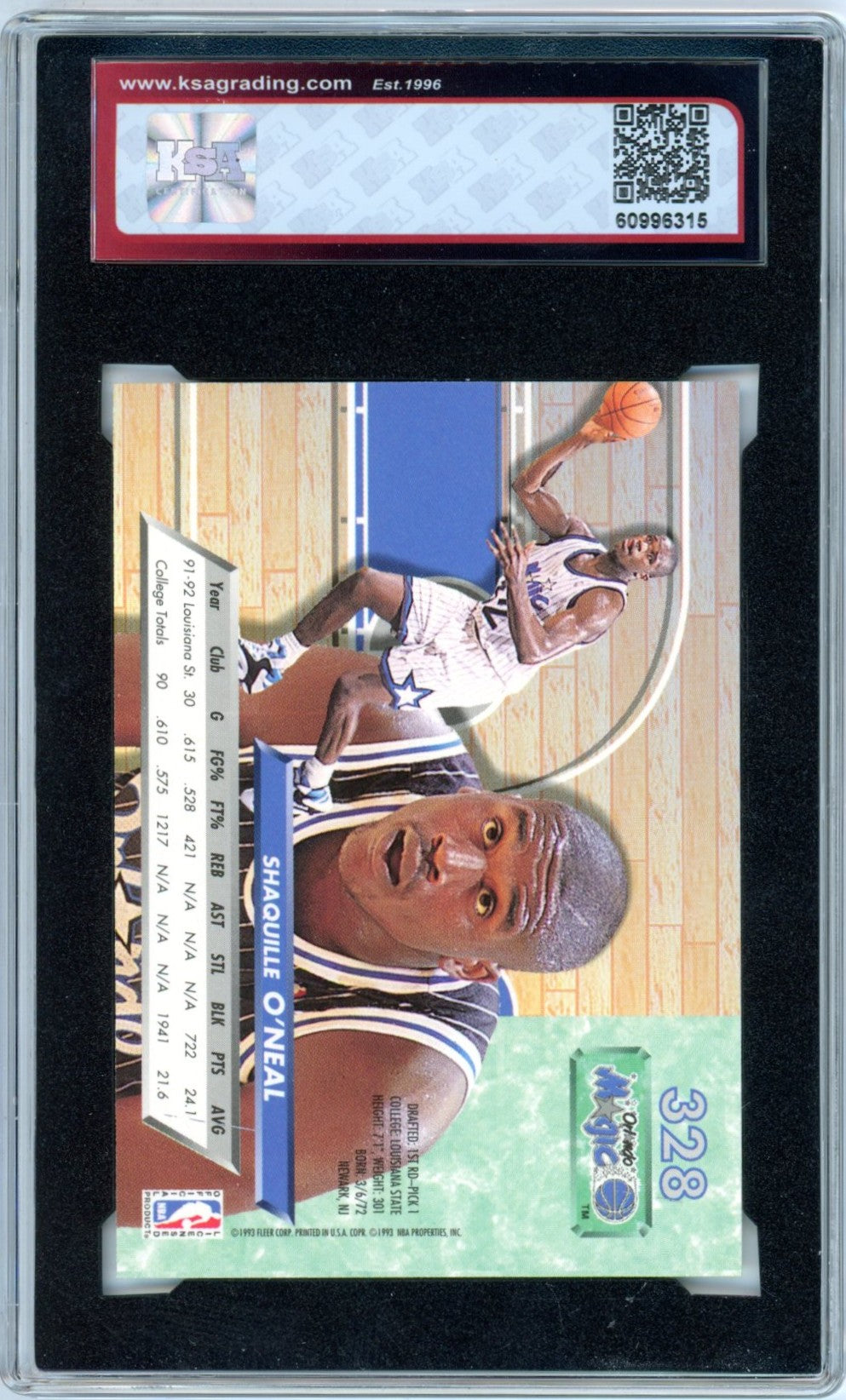 1992/93 Fleer Ultra Shaquille O'Neal #328 Graded Basketball Rookie Card KSA 8.5
