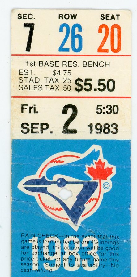 Blue Jays Vintage Ticket Stub Exhibition Stadium (Toronto, 1983)