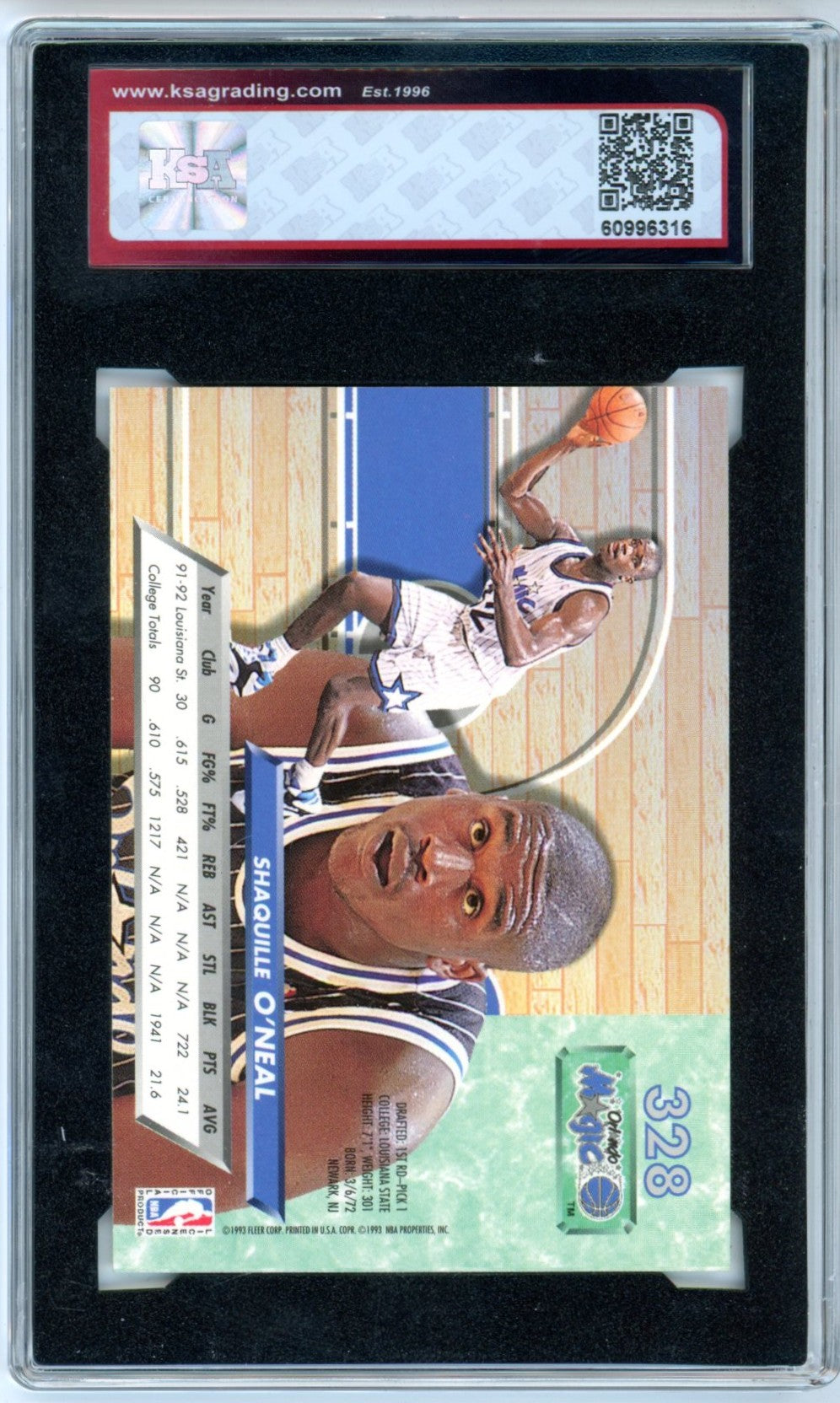 1992/93 Fleer Ultra Shaquille O'Neal #328 Graded Basketball Rookie Card KSA 9