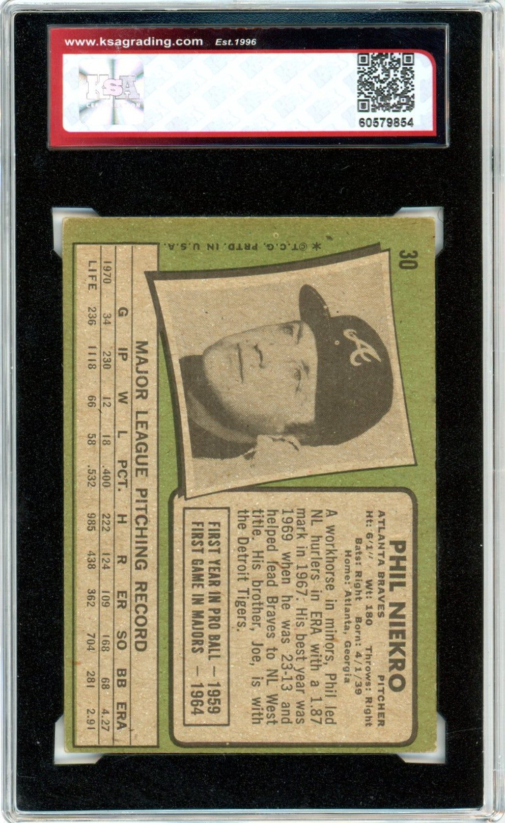 1971 Topps Phil Niekro #30 Graded Baseball Card KSA 4