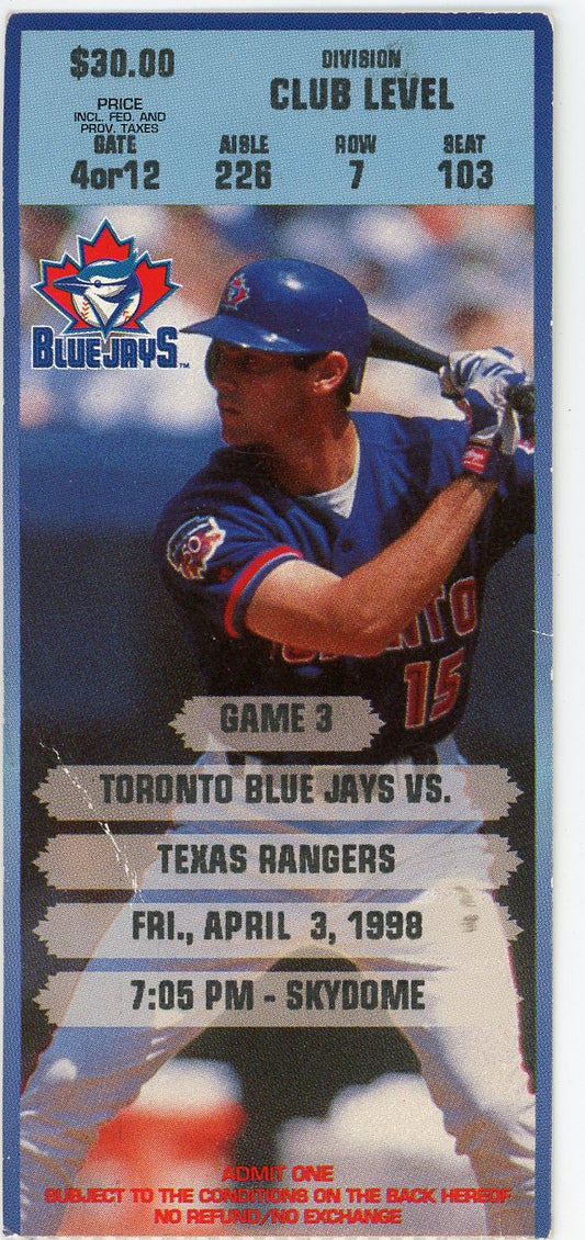 Blue Jays Vs. Texas Rangers Vintage Ticket Skydome (Toronto, 1998)