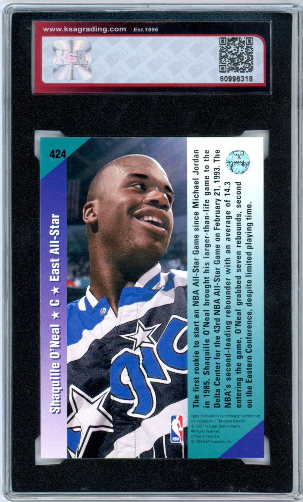 1992/93 Upper Deck Shaquille O'Neal All Star #424 Graded Basketball Rookie Card KSA 9