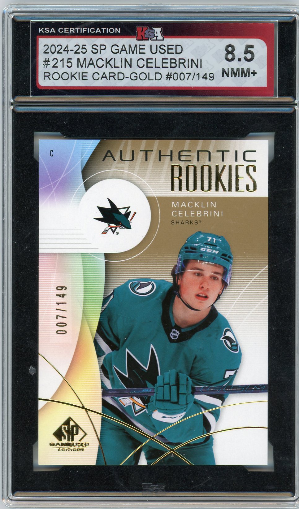 2024/25 SP Game Used Macklin Celebrini #215 Rookie Gold Graded Hockey Card KSA 8.5 (7 /149)
