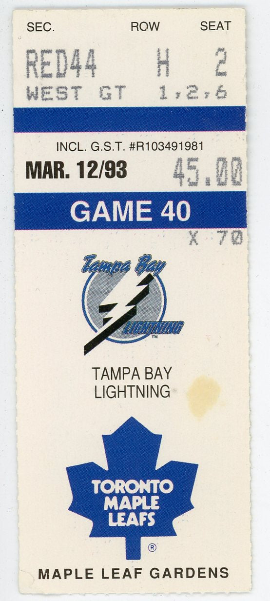 Tampa Bay Lightning Vs. Maple Leafs Ticket Stub Maple Leaf Gardens (Toronto, 1993)