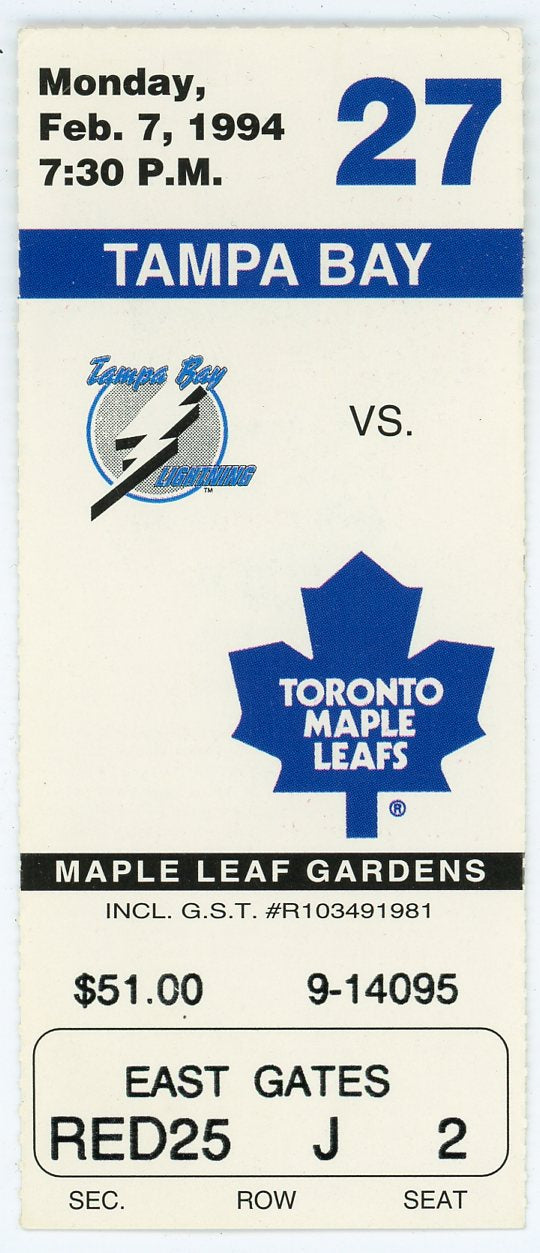 Tampa Bay Lightning Vs. Maple Leafs Ticket Stub Maple Leaf Gardens (Toronto, 1994)