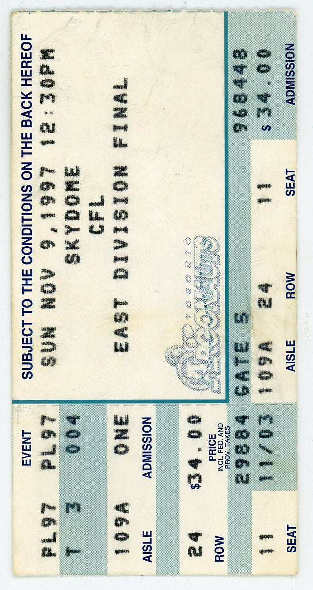 Argonauts CFL East Division Final Ticket Stub Skydome (Toronto, 1997) Argos