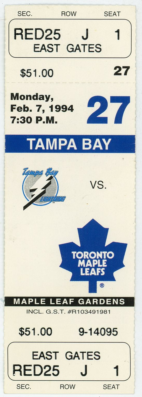 Tampa Bay Lightning Vs. Maple Leafs Vintage Ticket Stub Maple Leaf Gardens (Toronto, 1994)