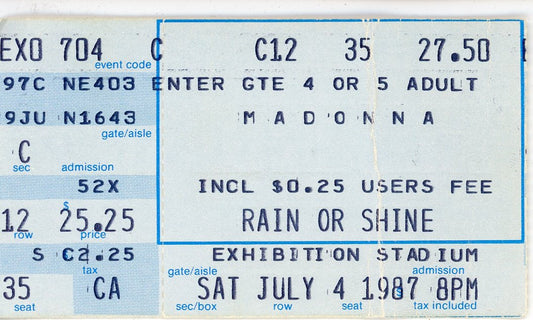 Madonna Vintage Concert Ticket Stub Exhibition Stadium (Toronto, 1987) Who's That Girl Tour