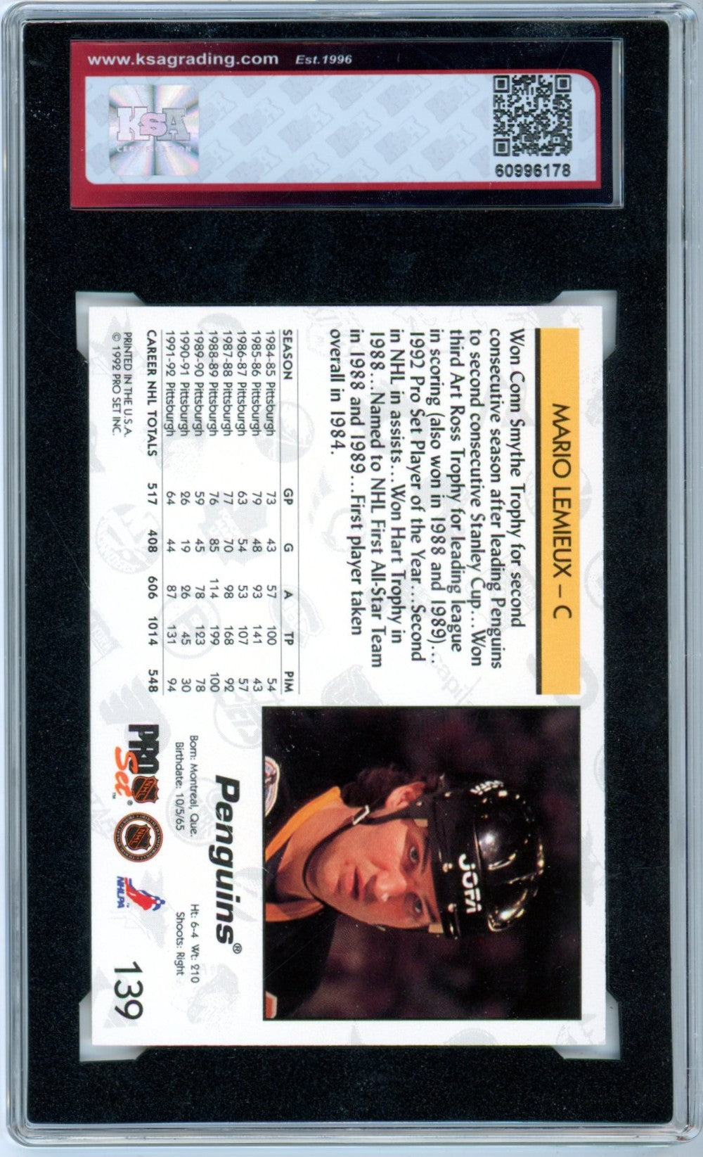1992/93 Pro Set Mario Lemieux #139 Graded Hockey Card KSA 10