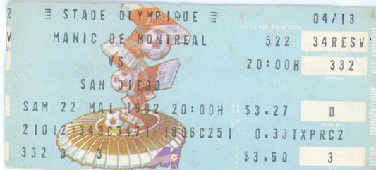 Montreal Manic vs. San Diego Ticket Stub Olympic Stadium (Montreal, 1982) NASL Soccer