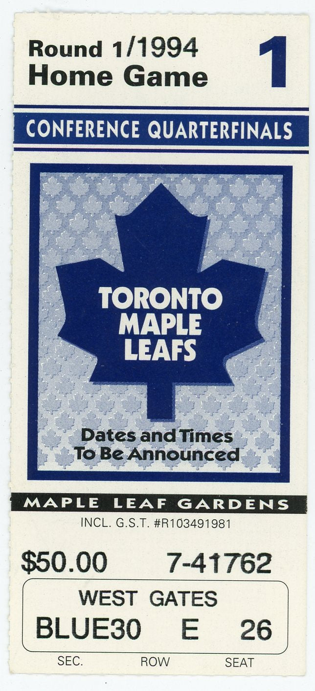 Toronto Maple Leafs Conference Quarterfinals Vintage Ticket Maple Leaf Gardens (Toronto, 1994)