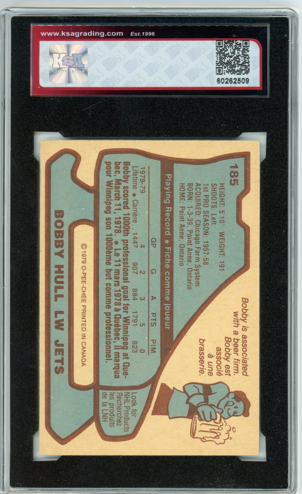 1979/80 OPC O-Pee-Chee Bobby Hull Graded Hockey Card #185 KSA 6
