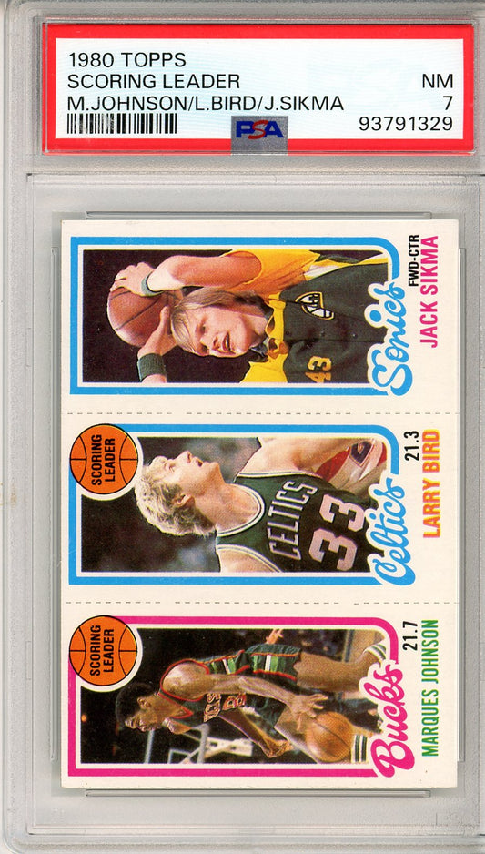 1980 Topps Scoring Leader Marques Johnson / Larry Bird / Jack Sikma Graded Rookie Card PSA 7