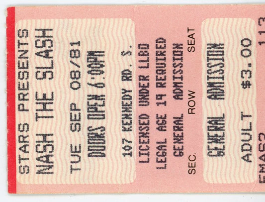 Nash the Slash Vintage Concert Ticket Stub (Brampton ON, 1986)