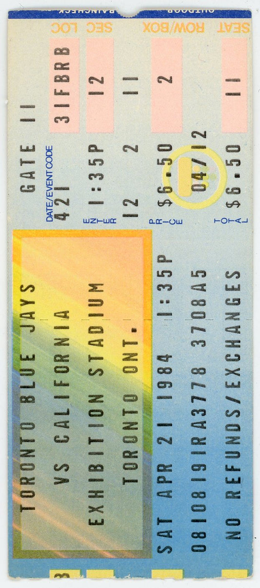 Blue Jays Vs. California Vintage Ticket Stub Exhibition Stadium (Toronto, 1984)