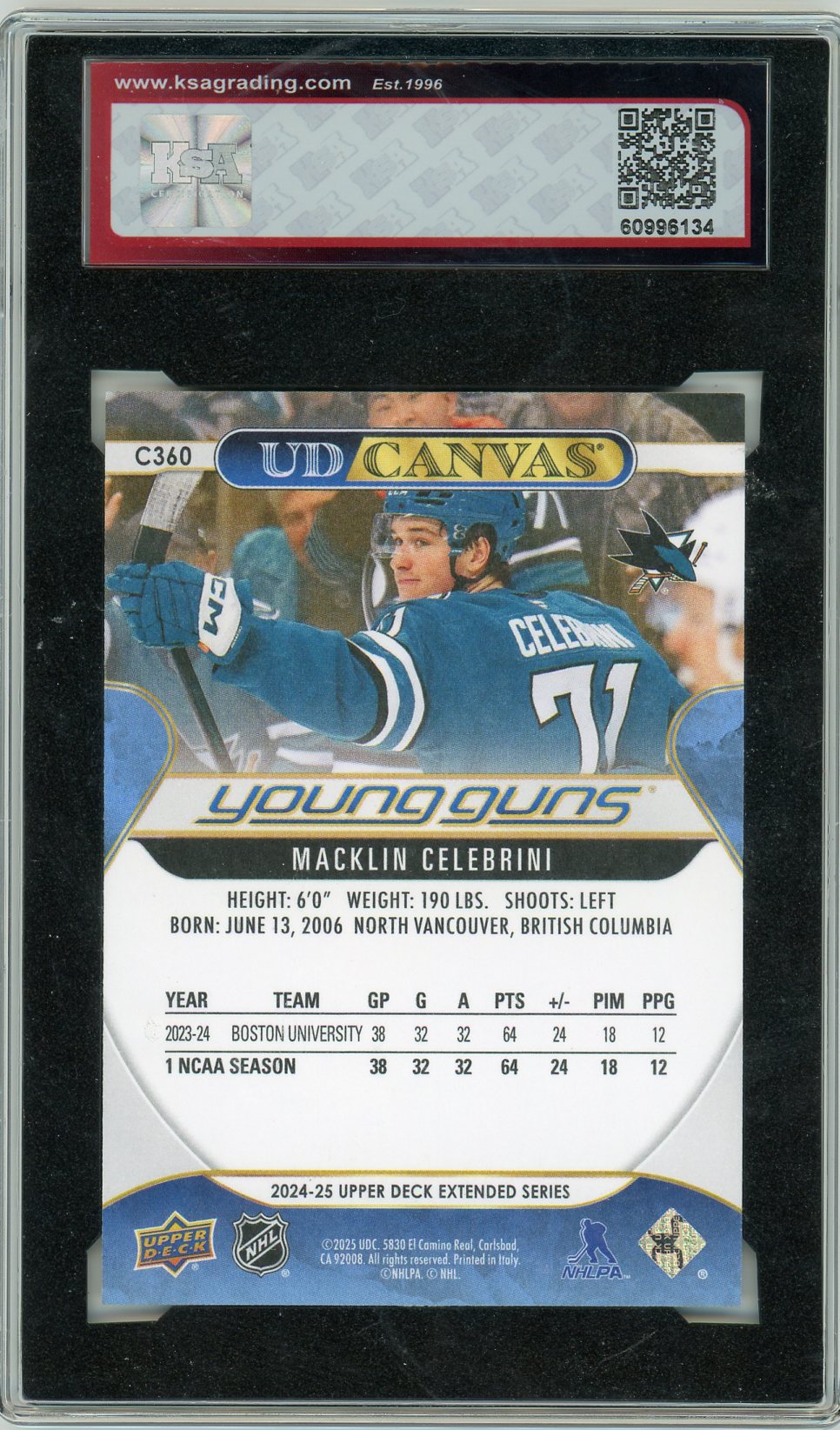 2024/25 UD Extended Series Macklin Celebrini #C360 Rookie Canvas Graded Hockey Card KSA 10