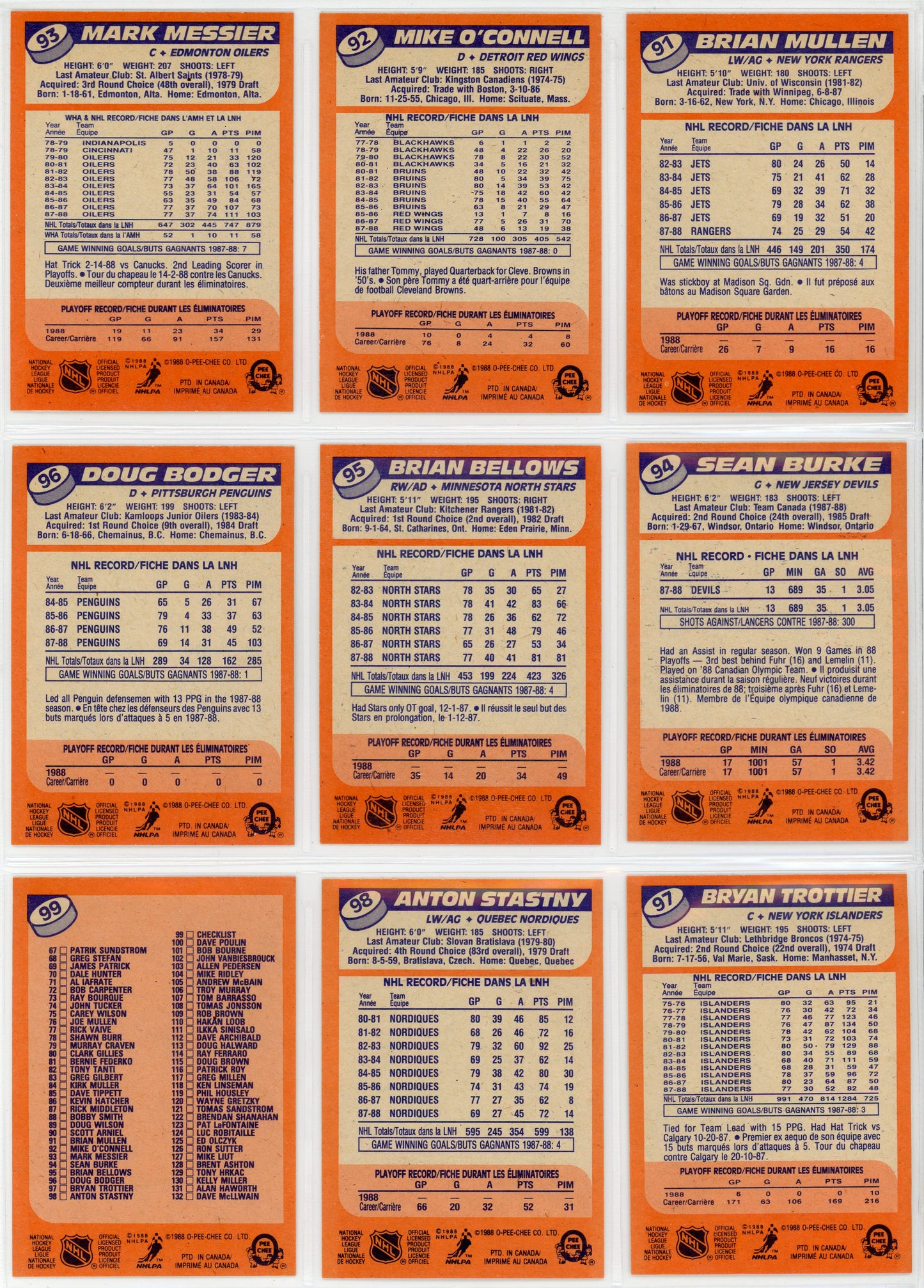 1988/89 OPC O-Pee-Chee Vintage Hockey Complete Set (264 Cards) Brett Hull Rookie