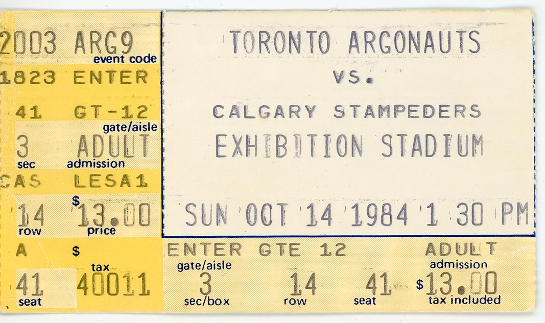 Toronto Argonauts vs. Calgary Stampeders Ticket Stub Exhibition Stadium (Toronto, 1984)