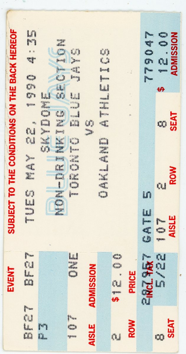 Blue Jays Vs. Oakland Athletics Vintage Ticket Stub Skydome (Toronto, 1990)