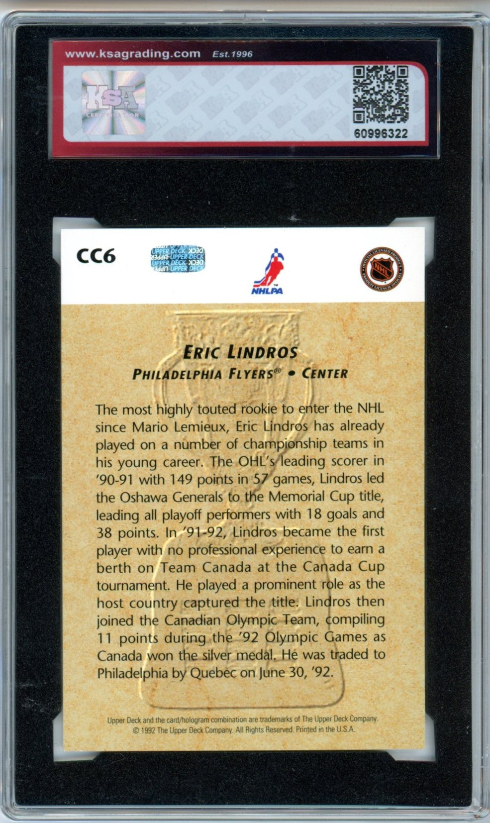 1992/93 Upper Deck Eric Lindros Calder Candidates #CC6 Graded Hockey Card KSA 9