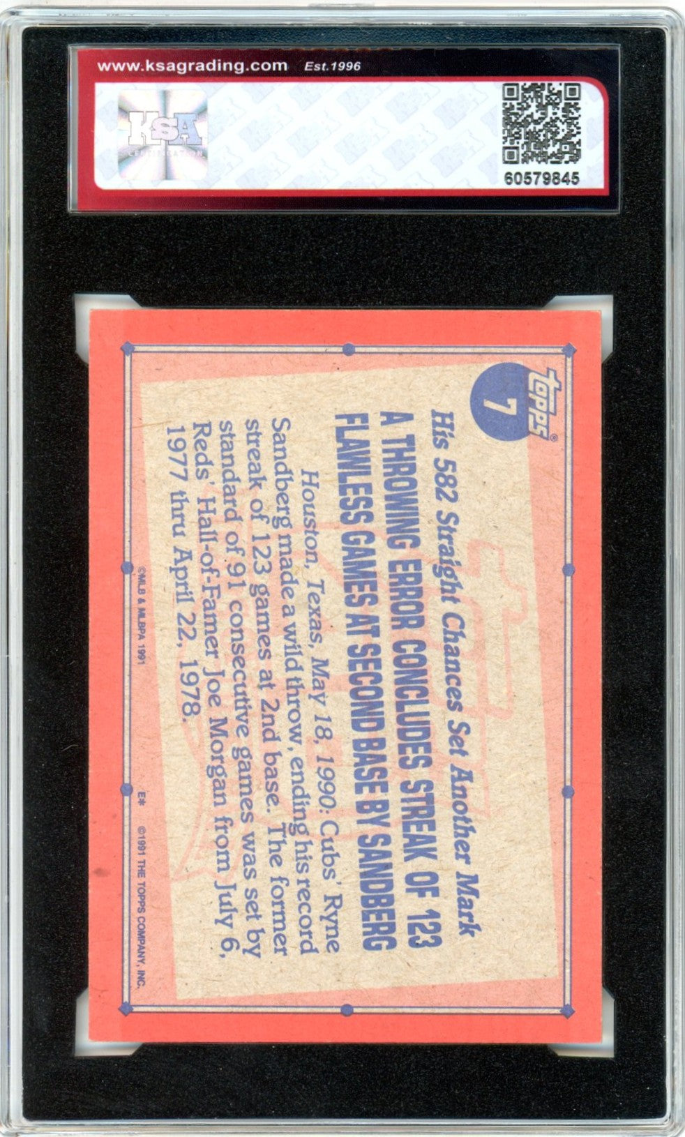 1991 Topps Desert Shield Ryne Sandberg Record Breaker #7 Graded Baseball Card KSA 6.5