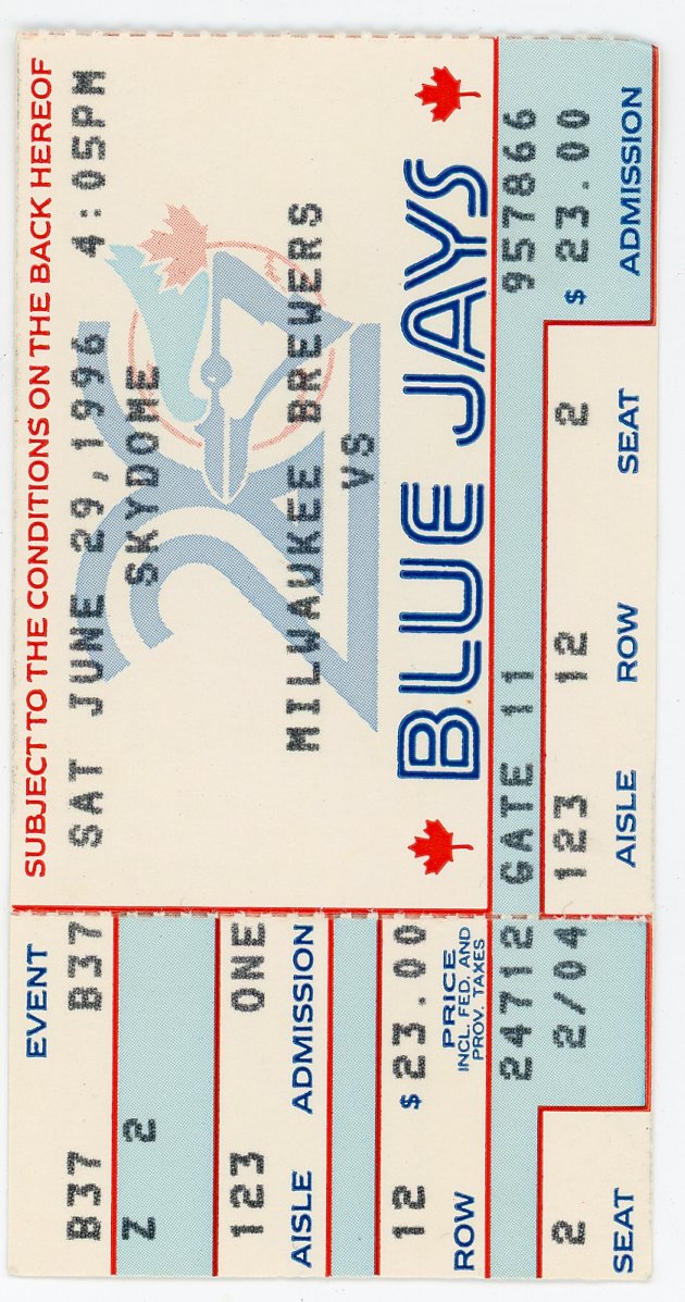 Blue Jays Vs. Milwaukee Brewers Vintage Ticket Stub Skydome (Toronto, 1996)